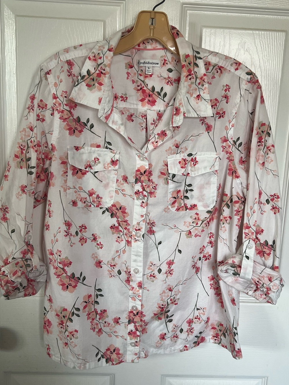 croft & barrow White Button-Front Cotton Shirt Pink Floral Print M
